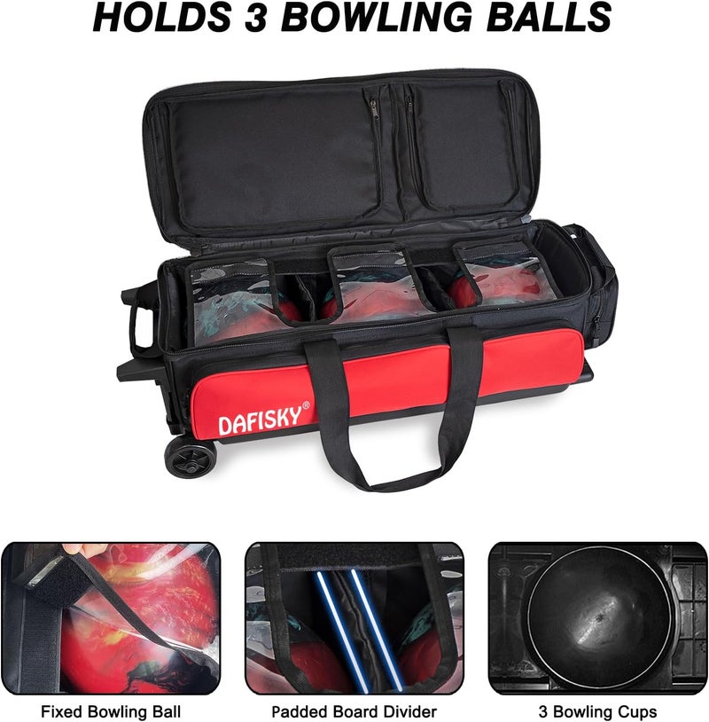 DAFISKY 3 ball bowling bags with wheels, bowling ball bag 3 ball roller with Multiple Pockets Retractable Handle - Image 4